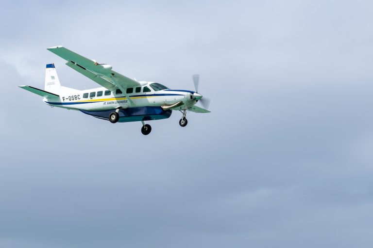 A light aircraft flying past, side view, overcast weather